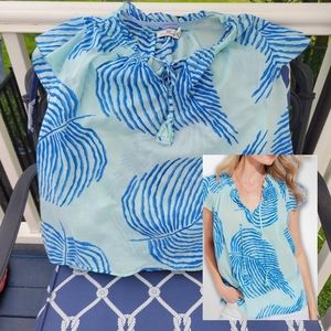 Vineyard Vines Crystal Blue Aqua Leaf Print Gauzy Tassel Top Oversized Small